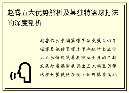 赵睿五大优势解析及其独特篮球打法的深度剖析